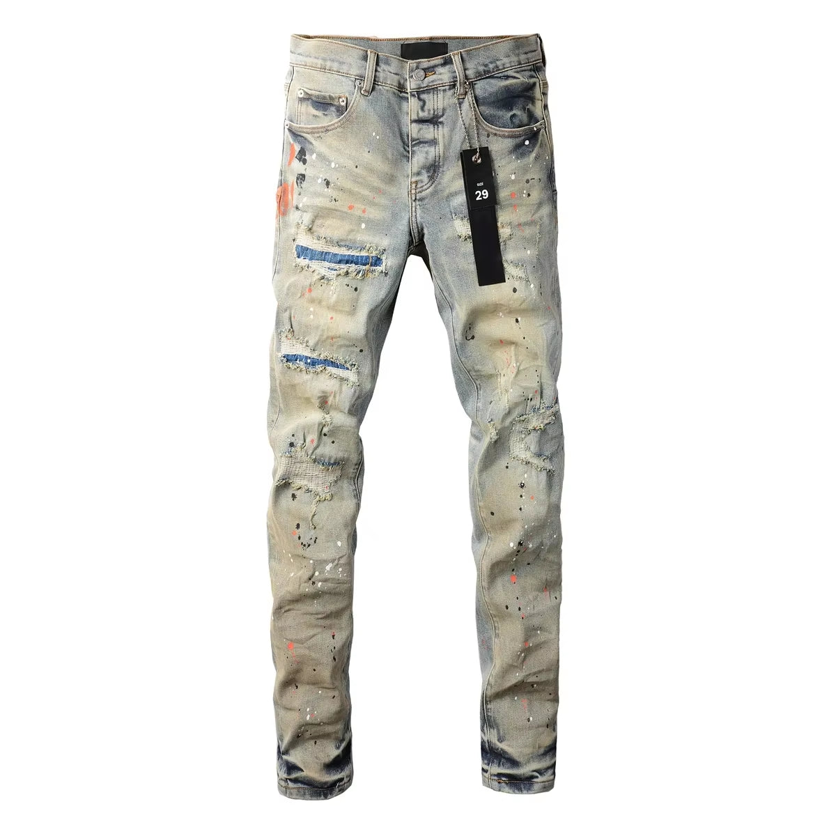 New Purples 2024 Men Jeans with Top Street Distressed Paint Repair Low Raise Skinny Denim Brands Pants