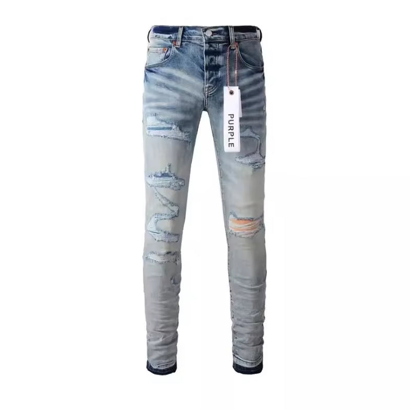 Purple Blue Ripped Jeans High Street Casual Pants